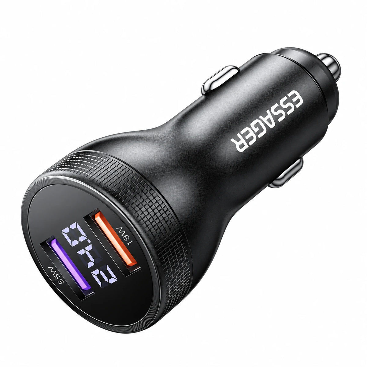 Dobbelt USB-A-biloplader med spændingsvisning, 12–24 V
