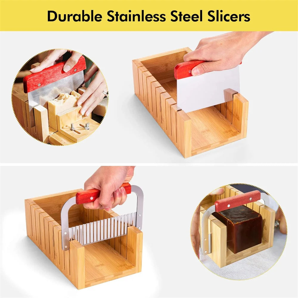 Kit de Fabrico de Sabão Artesanal DIY Corte de Bamboo e Caixa Interior com Molde de Silicone Fio de Aço Inoxidável Cortador Reto e Cortador Ondulado