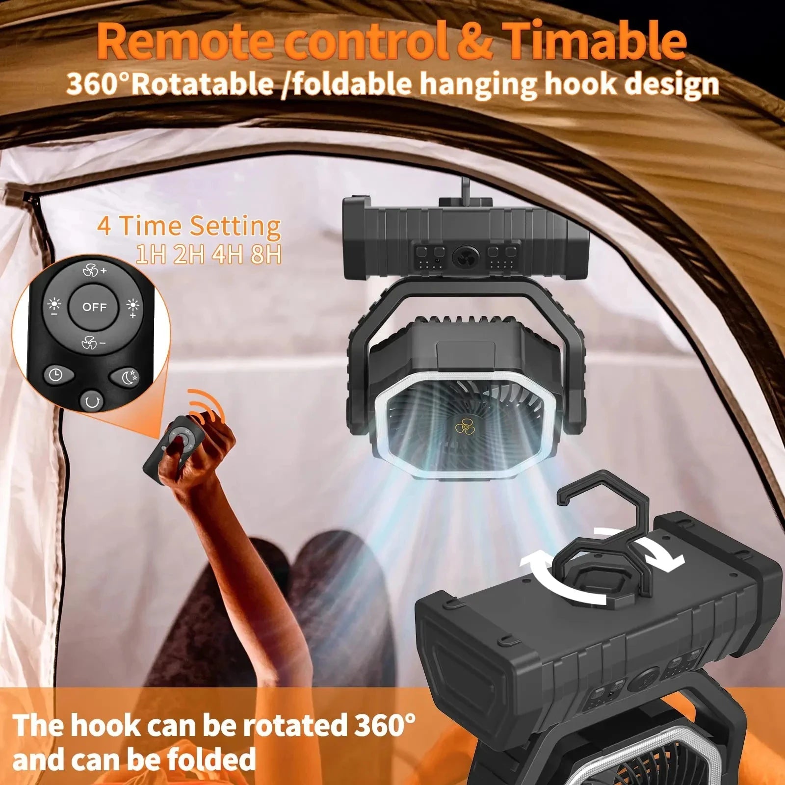 20000mAh High-Capacity Battery LED Light Camping Fan Movable Wireless Air Circulators Outdoor Ventilador with Hook 