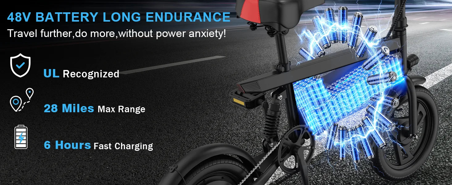14" Foldable Electric Bike 350W Motor 48V Battery 22MPH Range