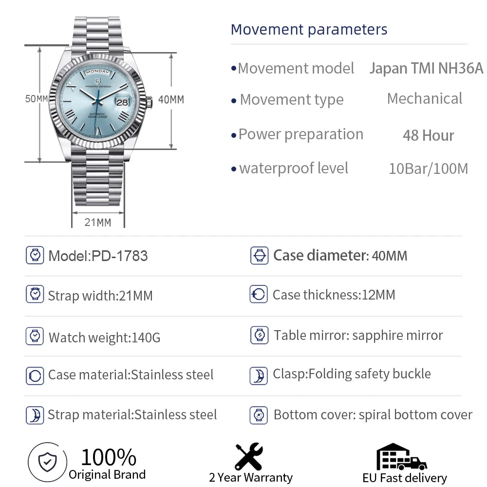 Pagani Design Automatic Gold Watch 40MM Sapphire Steel Waterproof