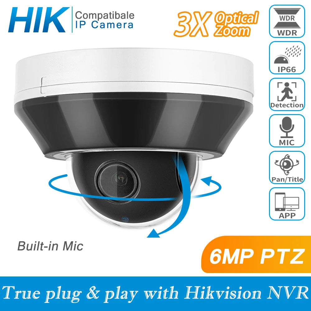 Hikvision Compatible 6MP HD POE PTZ IP Dome Camera Outdoor Built-in Mic 3X Zoom Security CCTV Video Surveillance Cam H.265 IP66 
