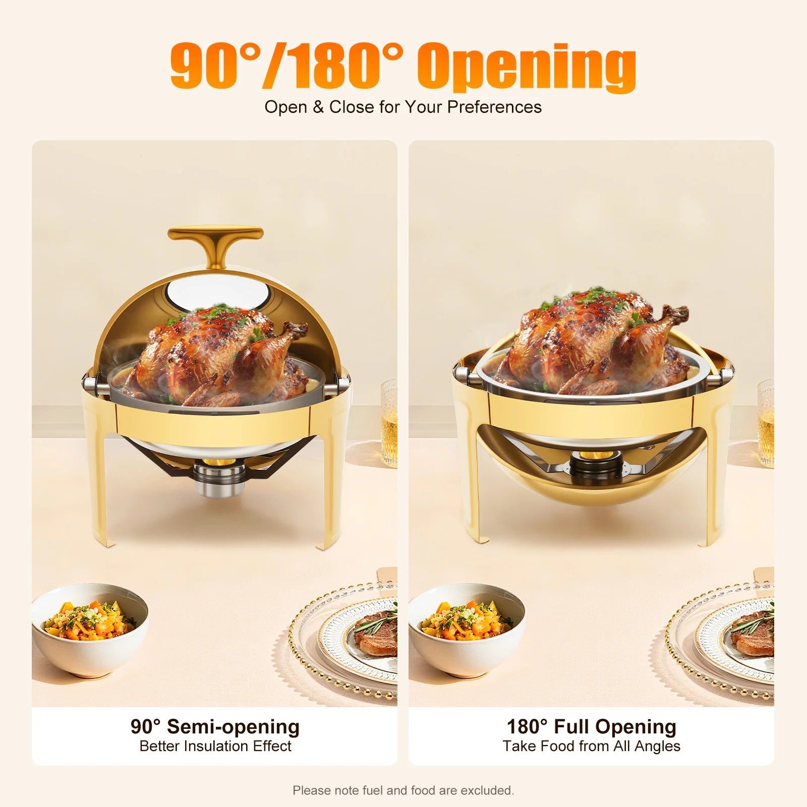 Gold Round Roll Top Chafing Dish 6L Stainless Steel Buffet Warmer with Visual Lid