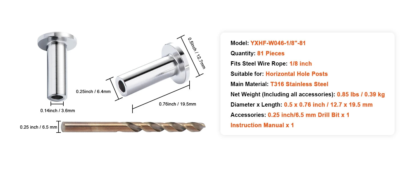 SucceBuy 121/81/101 pack T316 nerezové ochranné návleky pro kabel z ocelového lanového ráhla o průměru 1/8" nebo 3/16"