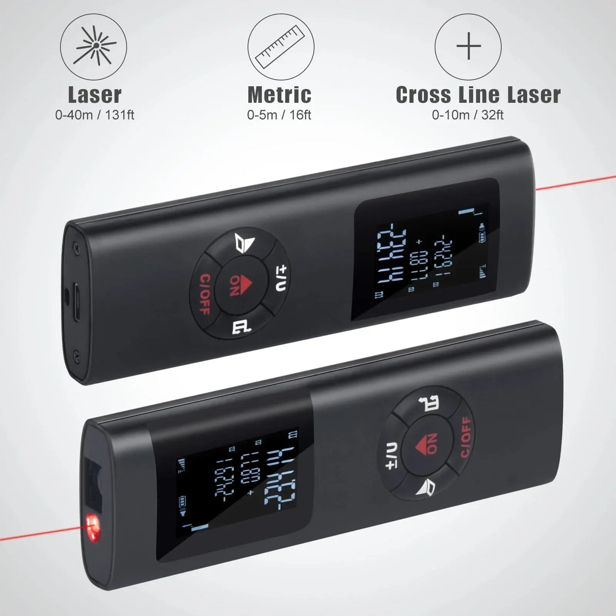 Laser Distance Meter, 40 m or 60 m, Rechargeable