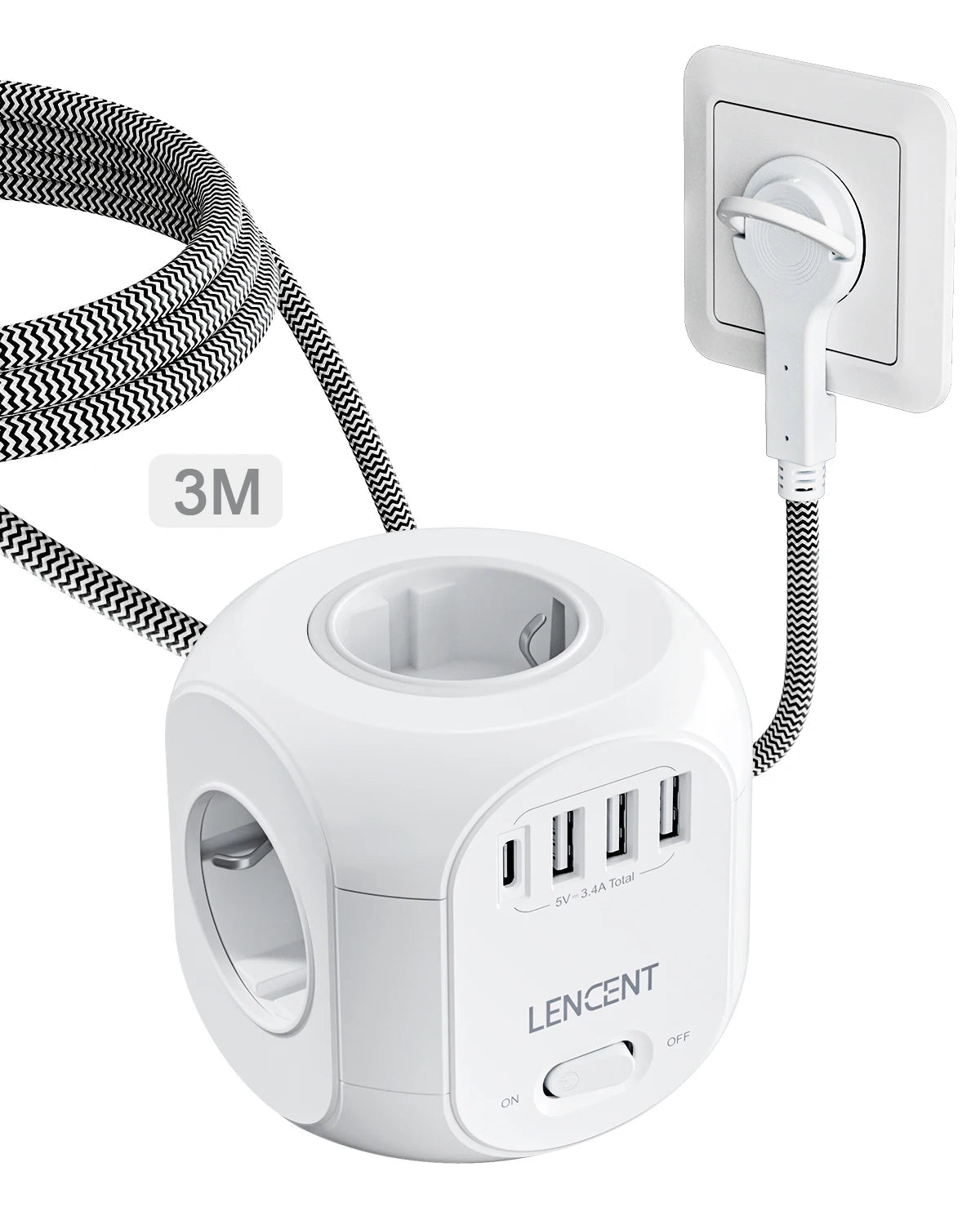 LENCENT EU Plug Power Strip with 4 AC Outlets 3 USB Port 1 Type C 2M/3M Braided Cable Multi Socket with Switch for Home 