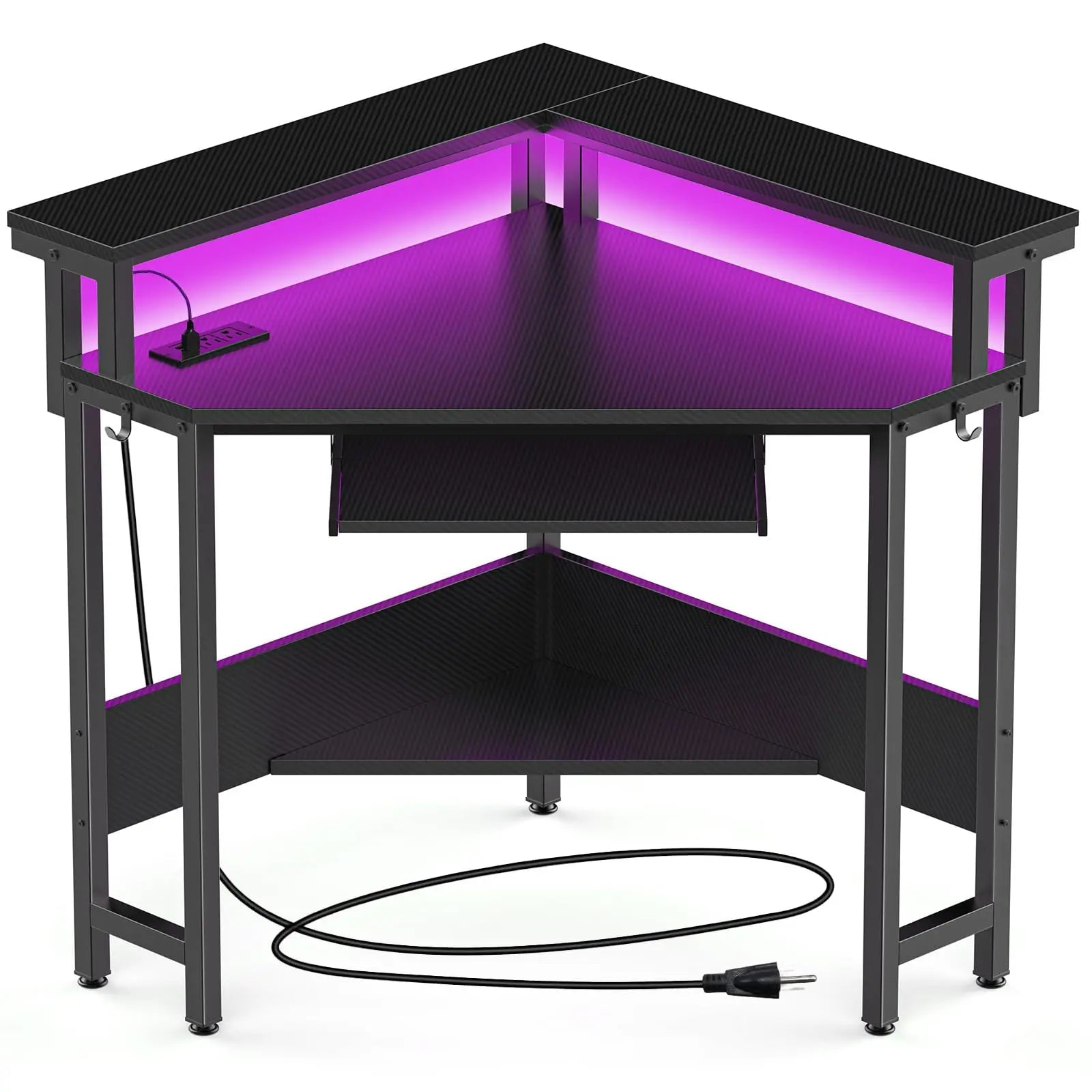 Corner Desk with LED Lights & Power Outlets for Small Spaces