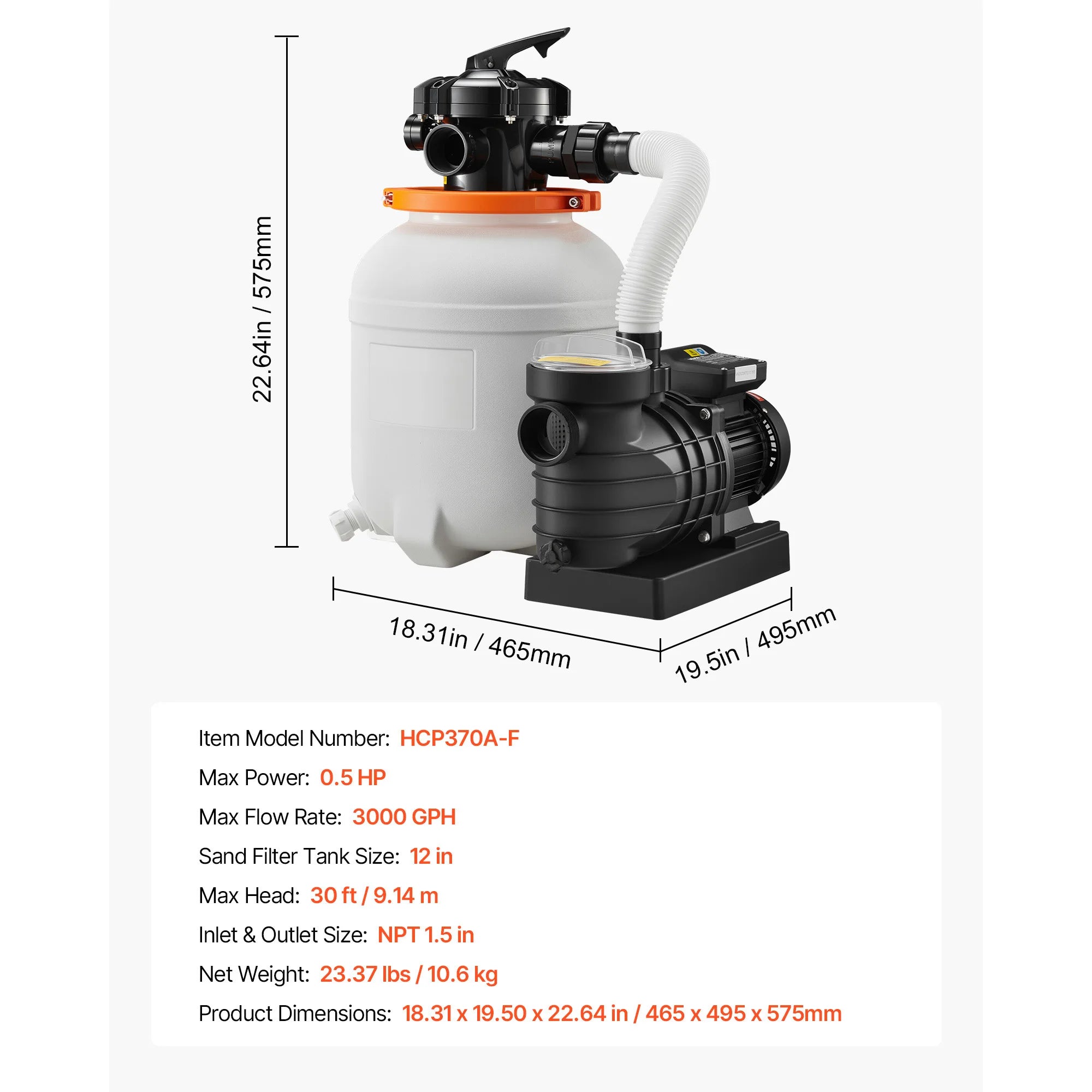 SucceBuy 12/14/16in FlashPure Sand Filter Pump with Timer for Above Ground Pool 0.5/0.75/1 HP 3000/3500/4400 GPH Media Installed