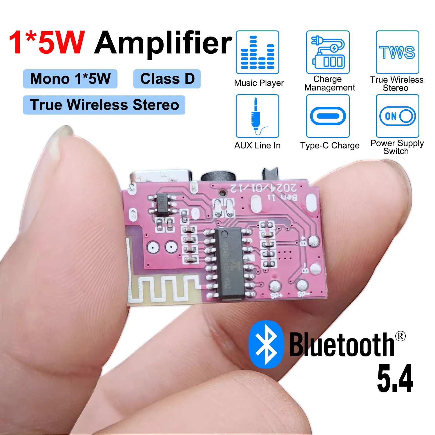 DC 3.5V-5V 5W Bluetooth 5.4 Mono Amplifier Decoder Board MP3 Player TWS 3.5mm AUX Module Receiver DIY Handmade Speaker 
