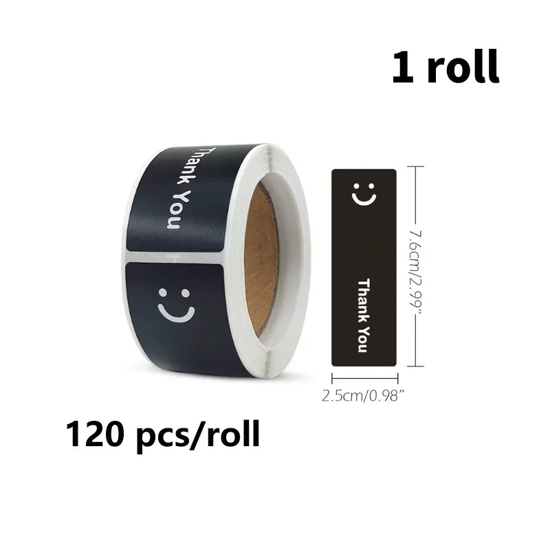 120Pcs/roll Smiling Face Black and White Thank You Rectangular Seal Sticker Gift Sticker for Homemade Packaging Decoration Label