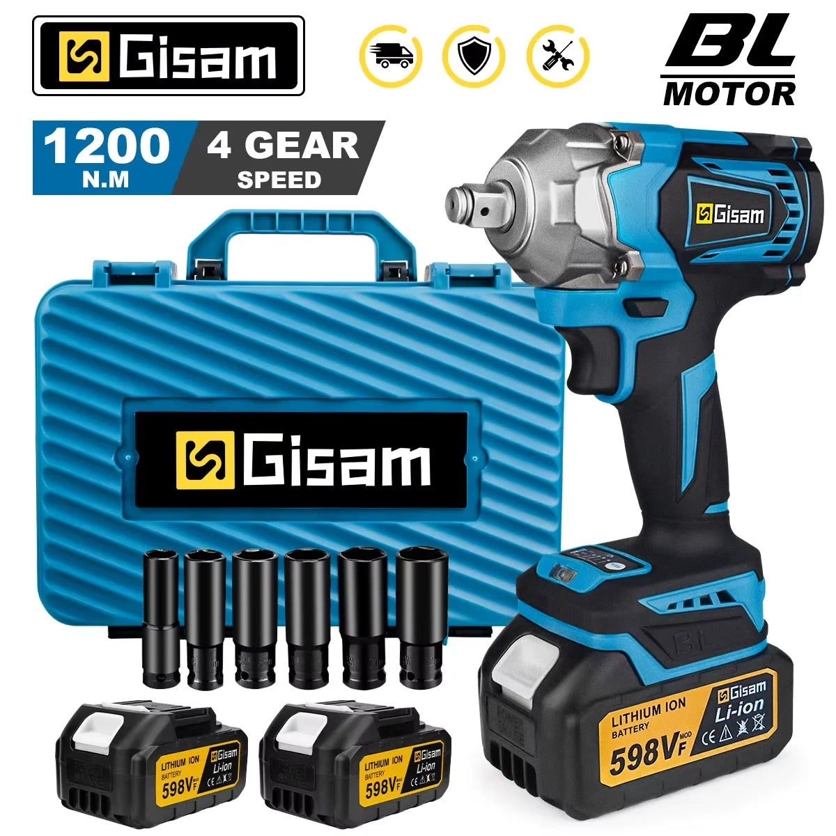 Gisam 1200N.M Torque Brushless Electric Impact Wrench 1/2 inch Cordless Wrench Screwdriver Power Tool For Makita 18V Battery Pin 
