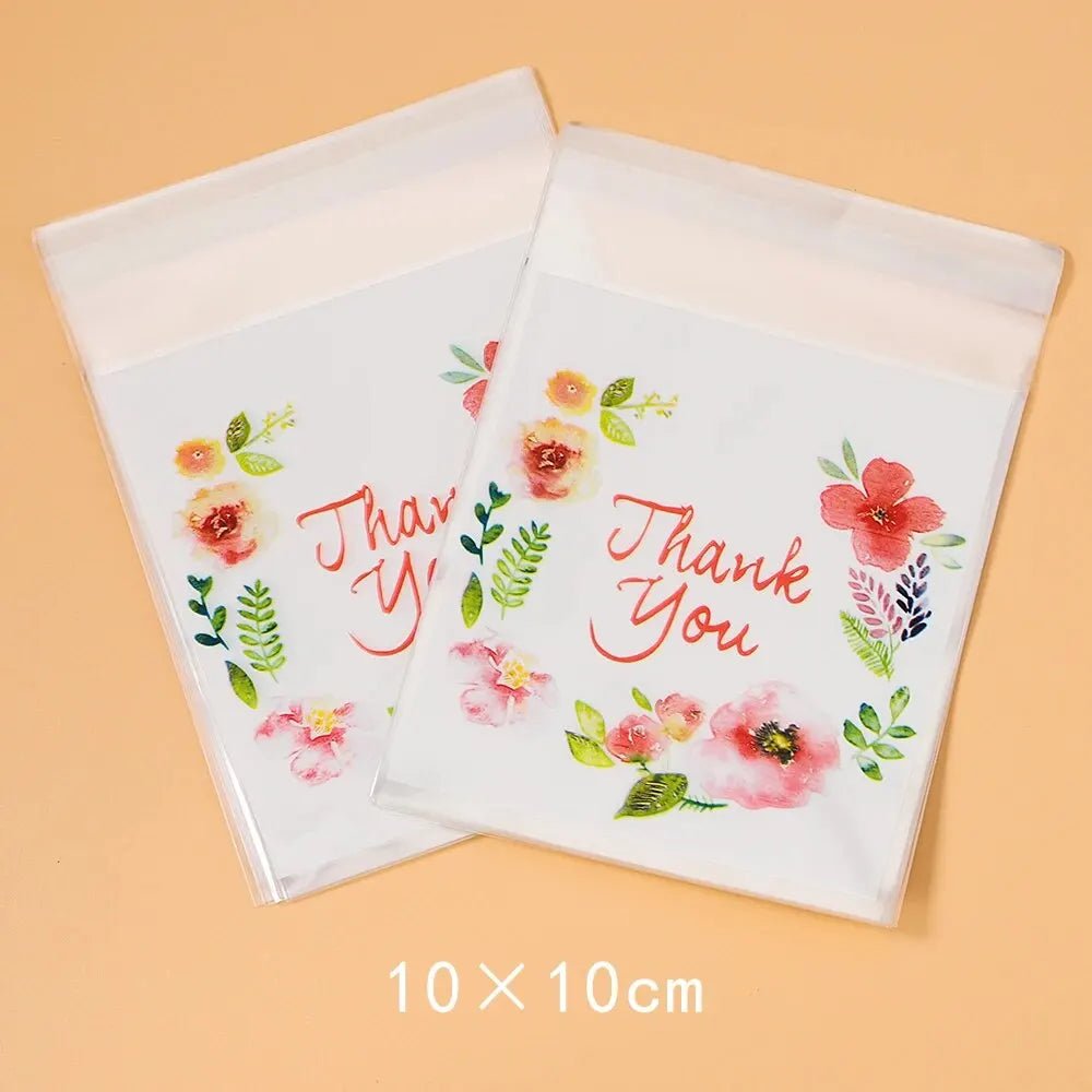 100pcs Colourful Flowers THANK YOU Self-adhesive Bag Plastic Pouches for DIY Jewelry Display Cookies Storage Gifts Bag Wholesale