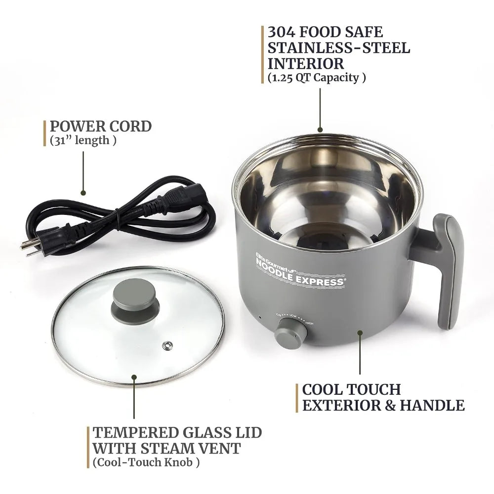 Hot Pot, Prepare Ramen, Rice, Soups, Stews, Boil Water, Stainless-Steel Interior, Glass Lid, High/Low/Off Settings, Grey