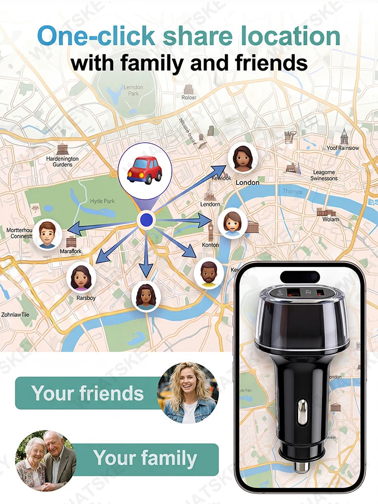 Car Charge GPS Locator Tracker 30W USB Phone Charger Fast Charging Type C QC3.0 Works with iOS Find My APP,Google,Android