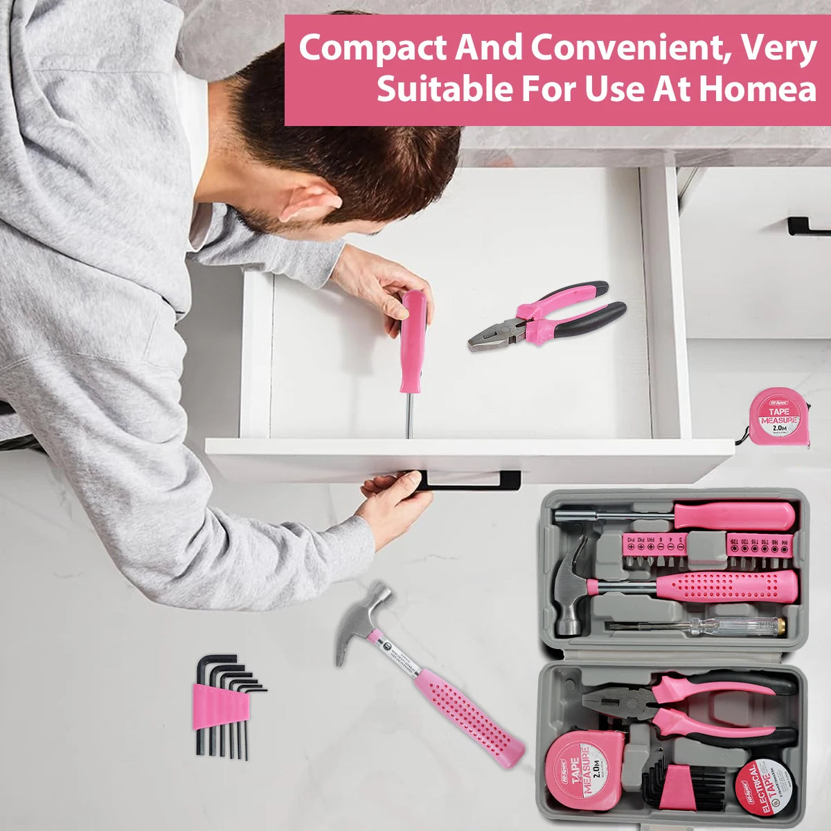 Kit di Attrezzi per Riparazioni Domestiche da 13/24 Pezzi Set Multiuso Rosa per Casa con Custodia per Ripostiglio Martello e Chiave a Brugola Resistenti