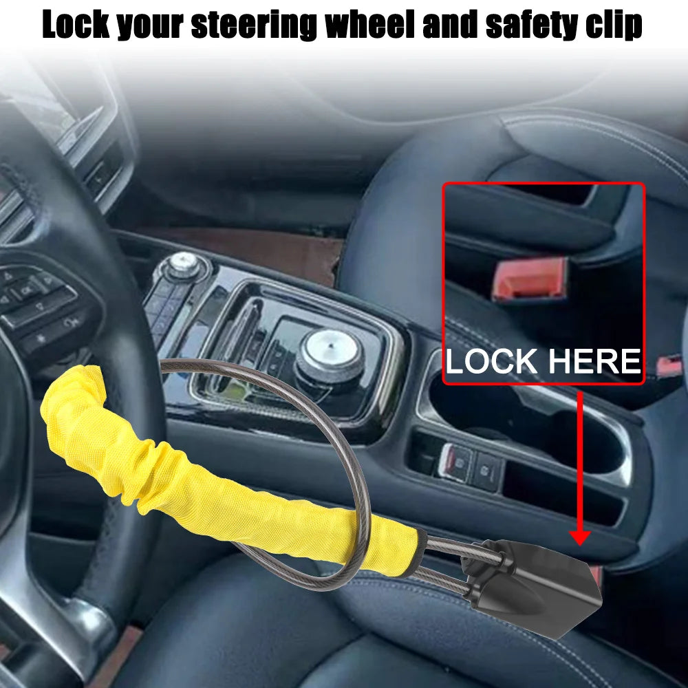 SEAMETAL Car Steering Wheel Lock Universal Antitheft Device Auto Seat Belt Buckle Lock Rope Steel Cable for Car Truck SUV Van RV
