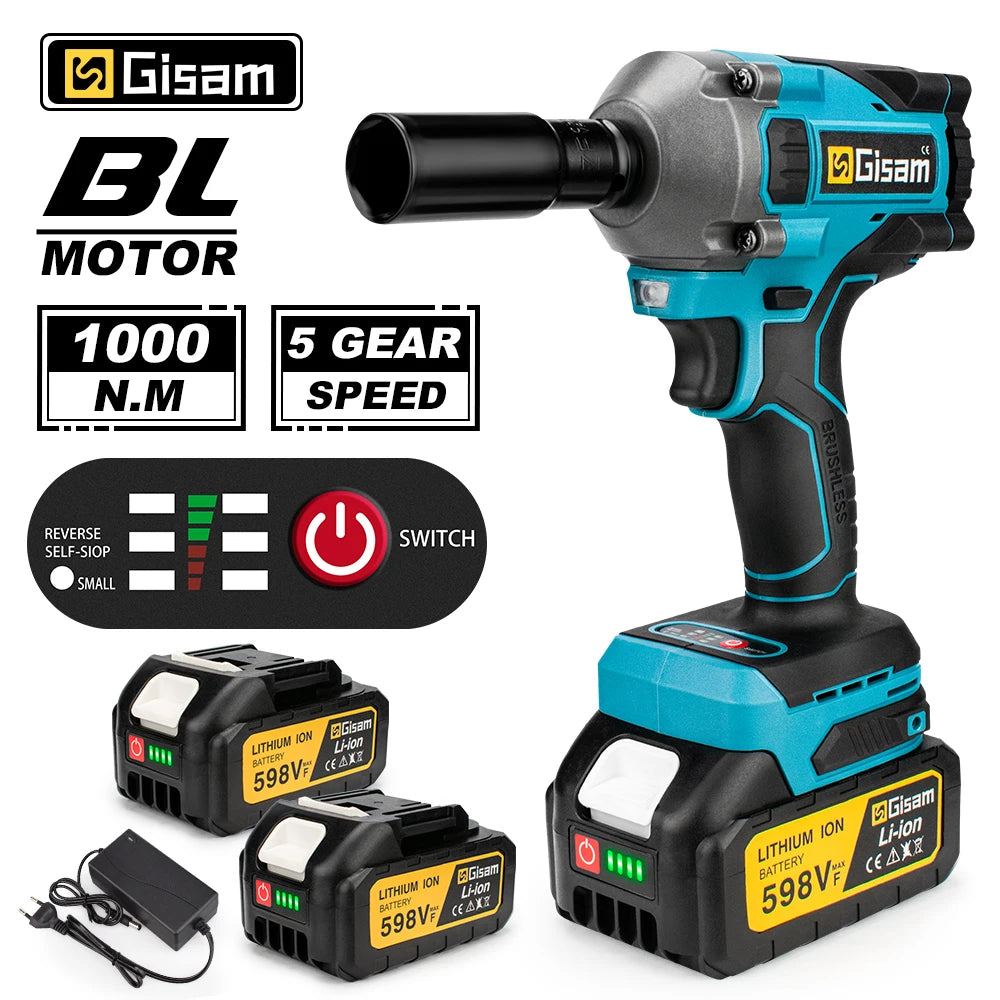 Gisam 520N.M Brushless Electric Impact Wrench for Makita 18V