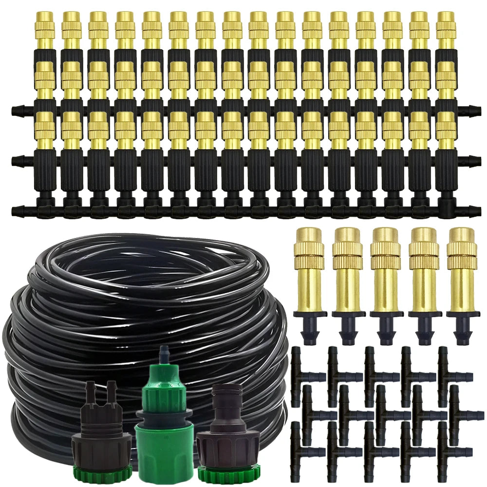 15M-30M Outdoor Misting Cooling System Garden Irrigation Watering 1/4'' Brass Atomizer Nozzles 4/7mm Hose for Patio Greenhouse 