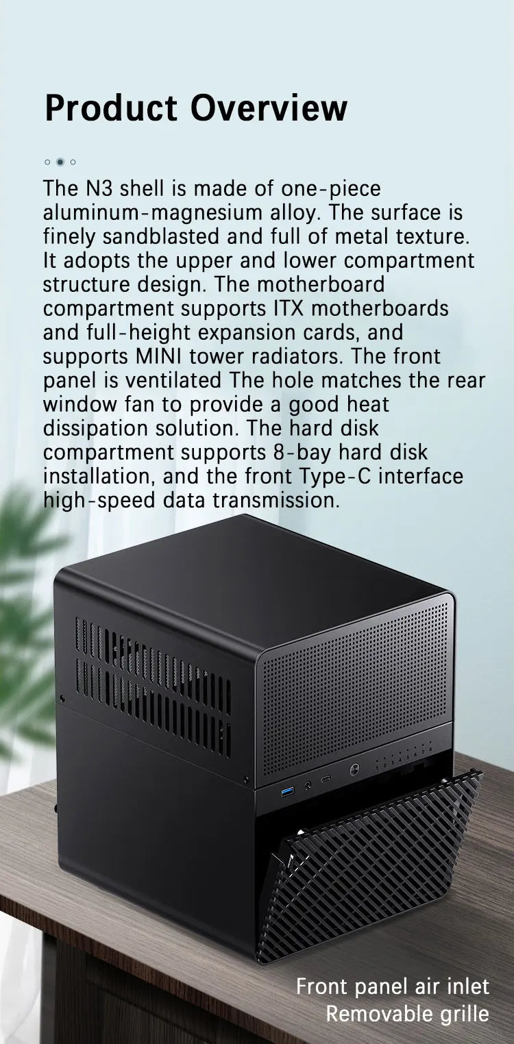 JONSBO N3 Mini NAS kabinet ITX Mini aluminium med stålplade, understøtter 130mm CPU-køler, to 100×25mm blæsere er standard