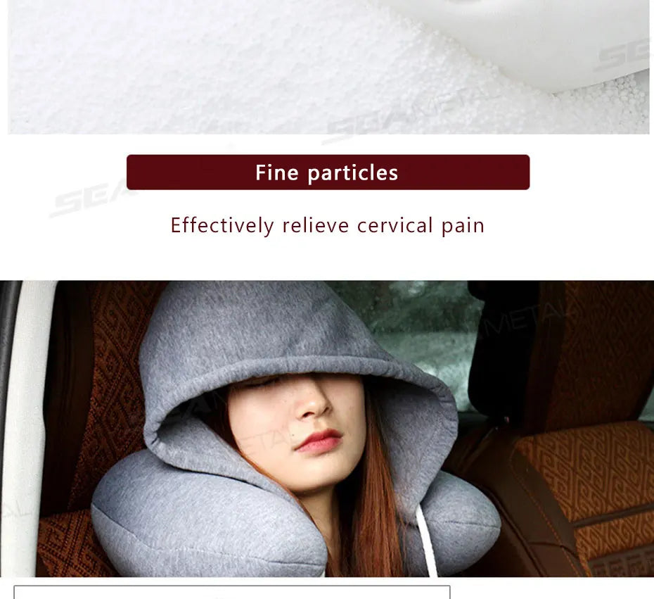 SEAMETAL Portable Neck Pillow for Long Travel U-Shape Neck Rest Pillow with Hood Privacy Protection Passenger Headrest Pillow