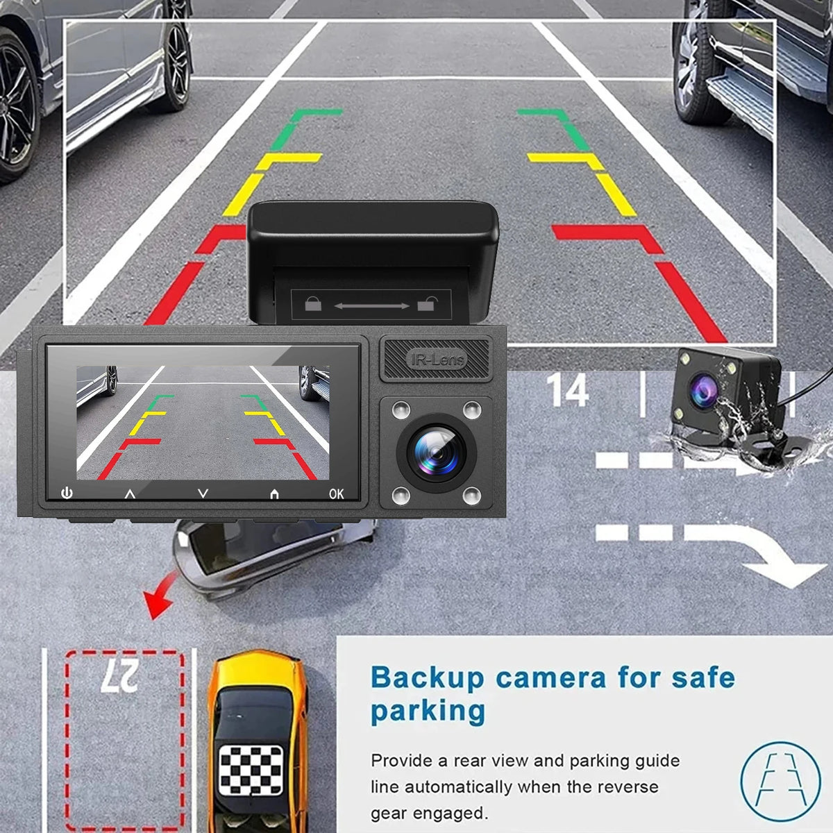 3-kanaals dashcam HD 1080P wifi, DVR voor in de auto, camera met drie lenzen, DVR-videorecorder, dashcam-camcorder