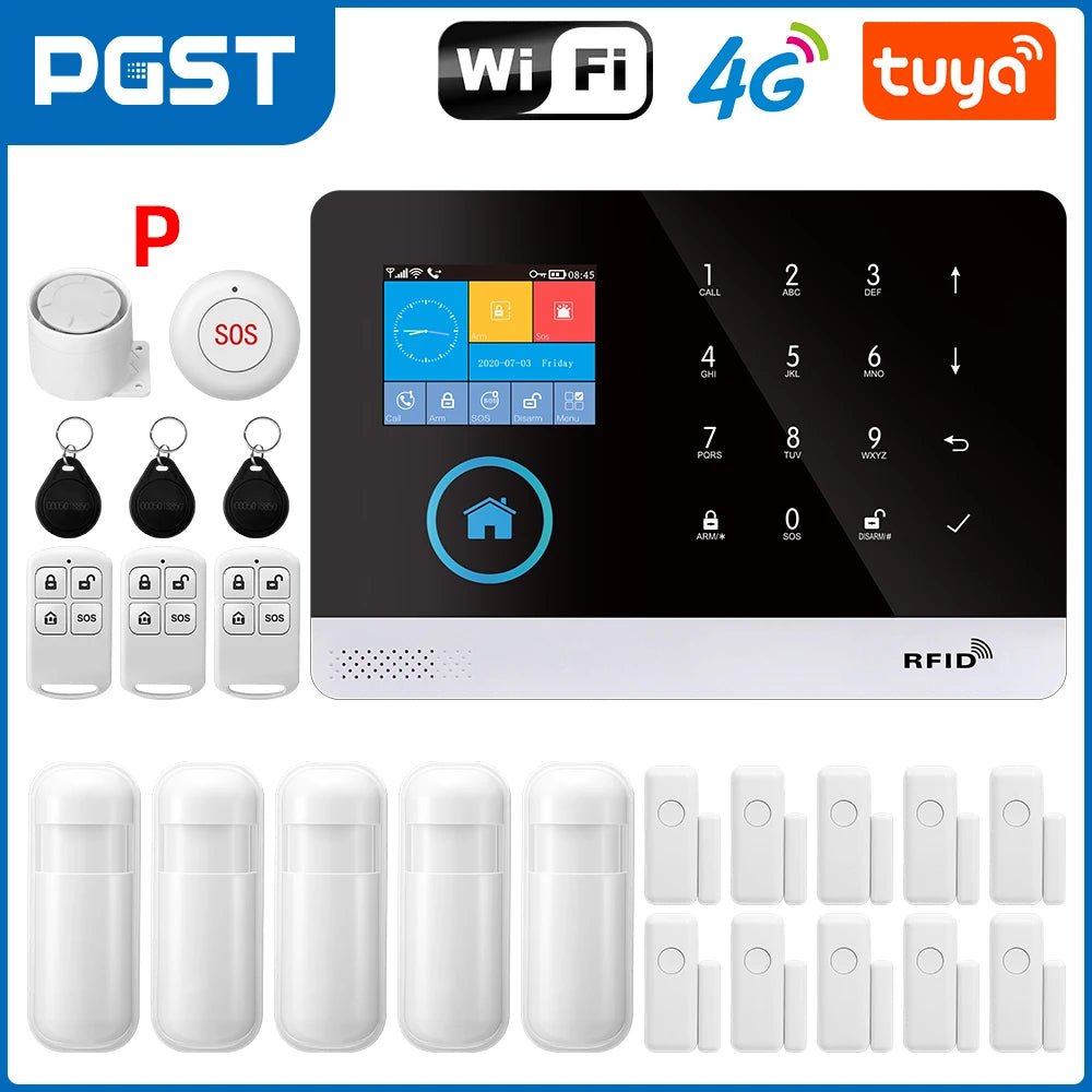 PGST 103 2.4 inch Screen 4G 2G WIFI GSM Home Bulgar Security System for Home 433MHz APP Control RFID Card with PIR Motion 