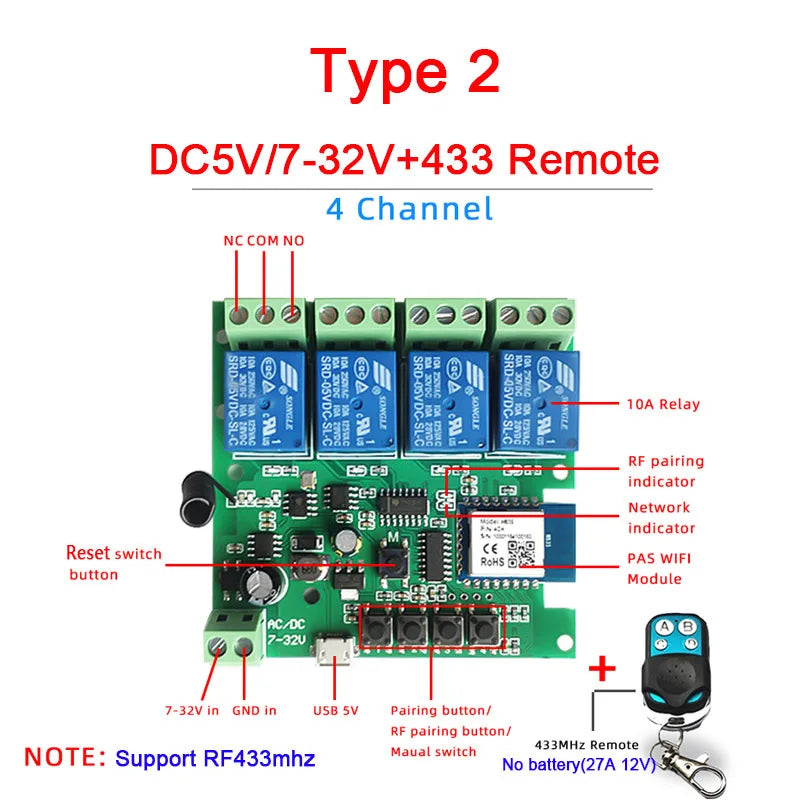 4CH Wifi Smart Home Motor Controller,DC 12V 24V 32V 220V RF433 Remote,4 Channel Relay Switch for Alice Alexa,Tuya Smart Life