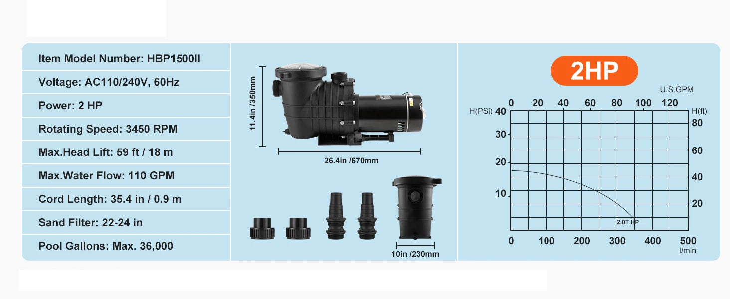 Nadzemní bazénové čerpadlo 1HP–2HP s jednou rychlostí a filtračním košem
