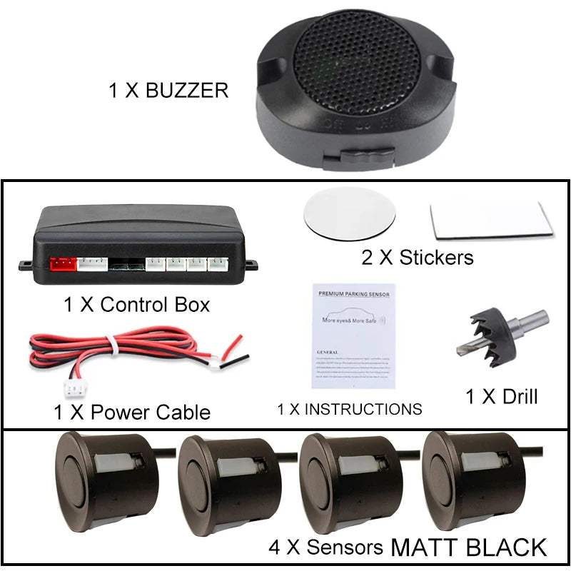 12V Four-Sensor Parking Kit with Buzzer, 22 mm Sensors