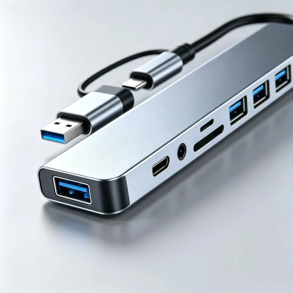 USB-C-hubadapter 8-i-2, USB-C- og USB-A-kontakter med to grensesnitt, dokkingstasjon med flere porter til bærbar PC og stasjonær PC