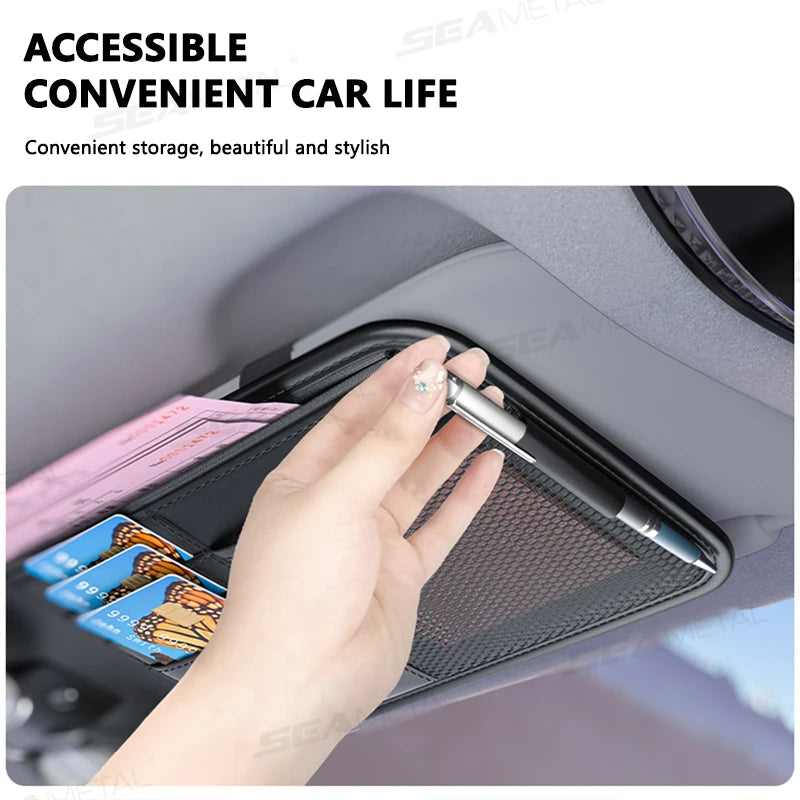 SEAMETAL 9 in 1 Sun Visor Organizer for Car PU Leather Zipper Storage Bag Net Pouch Auto Storage Pocket with Glasses/Card Holder