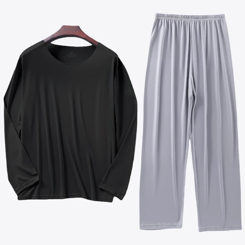 Men's Ice Silk Pyjama Set with Long Sleeve Top and Elastic Waist
