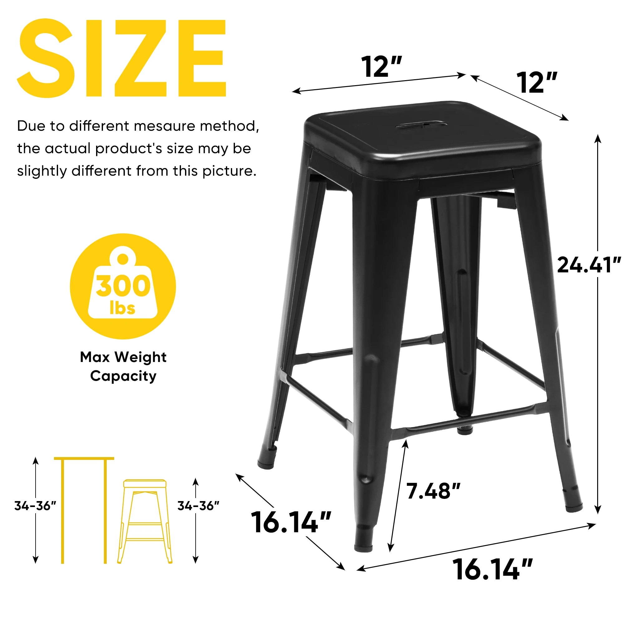 24'' Metal Bar Stools Set of 4 Stackable Backless Counter Stools