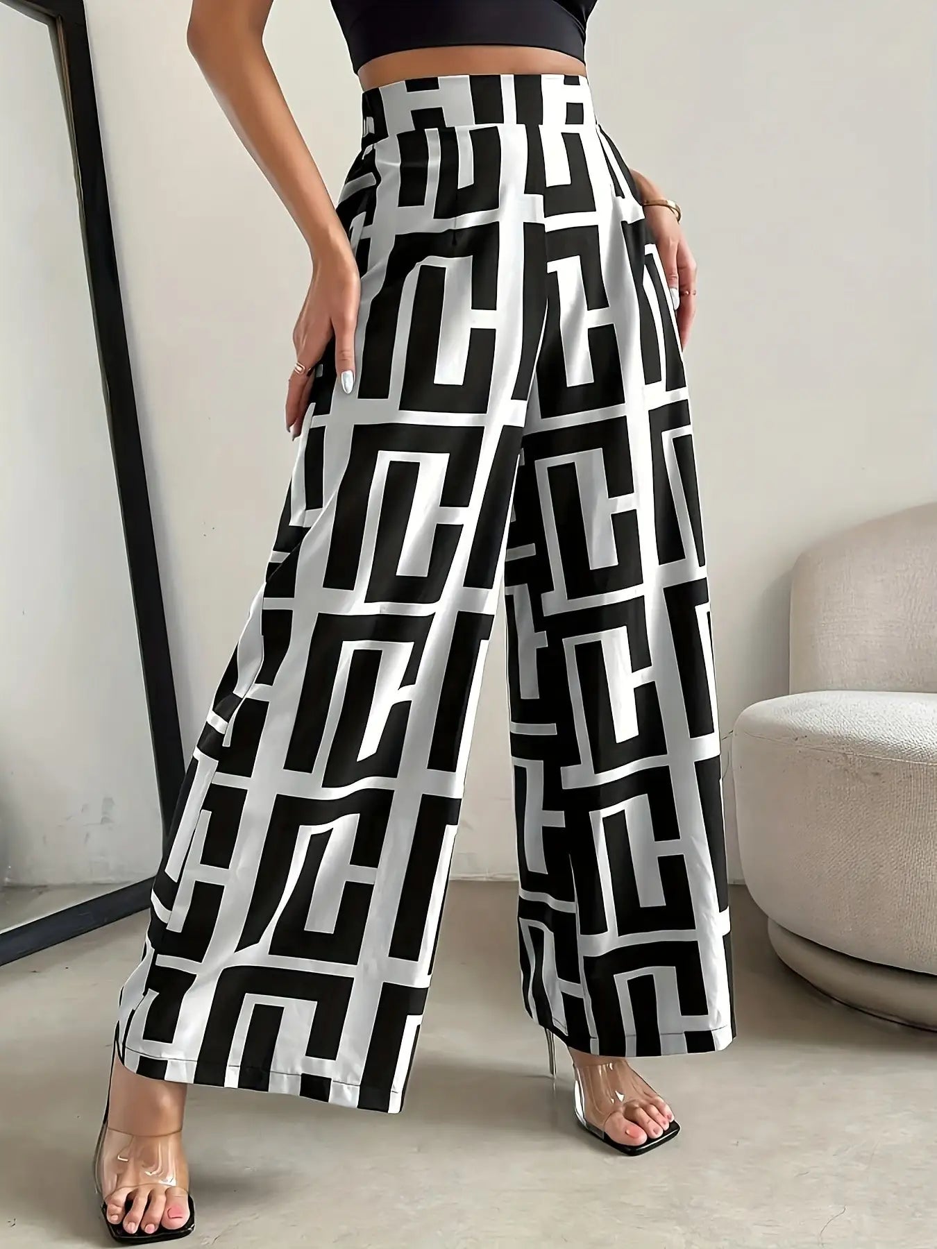 Bohemian Wide Leg Pants with Elastic Waist and Checkered Print