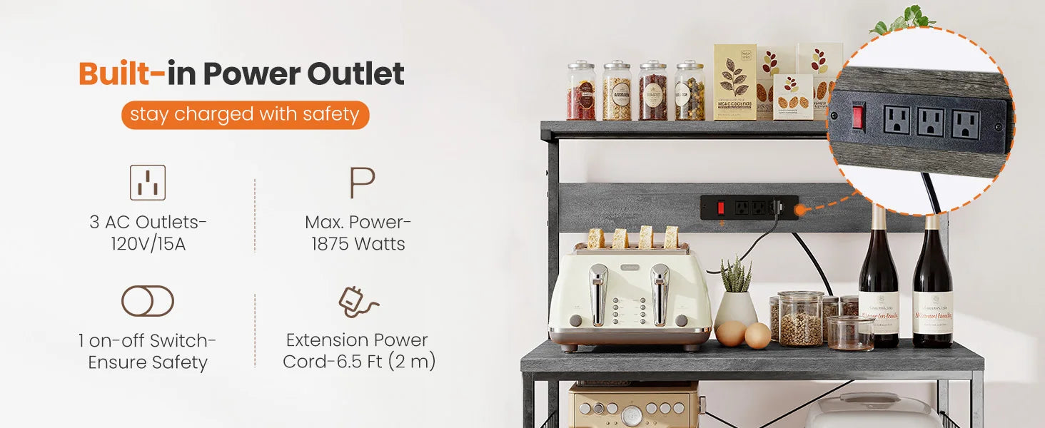 31.5" Kitchen Bakers Rack with Power Outlet & 4-Tier Storage