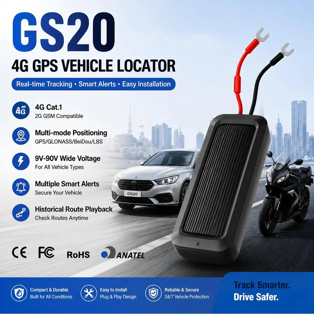 4G autó nyomkövető eszköz, valós idejű nyomkövetés, 9-90V autó, teherautó, motorcycle, útvonal visszajátszás, geofence riasztás, előfizetés szükséges