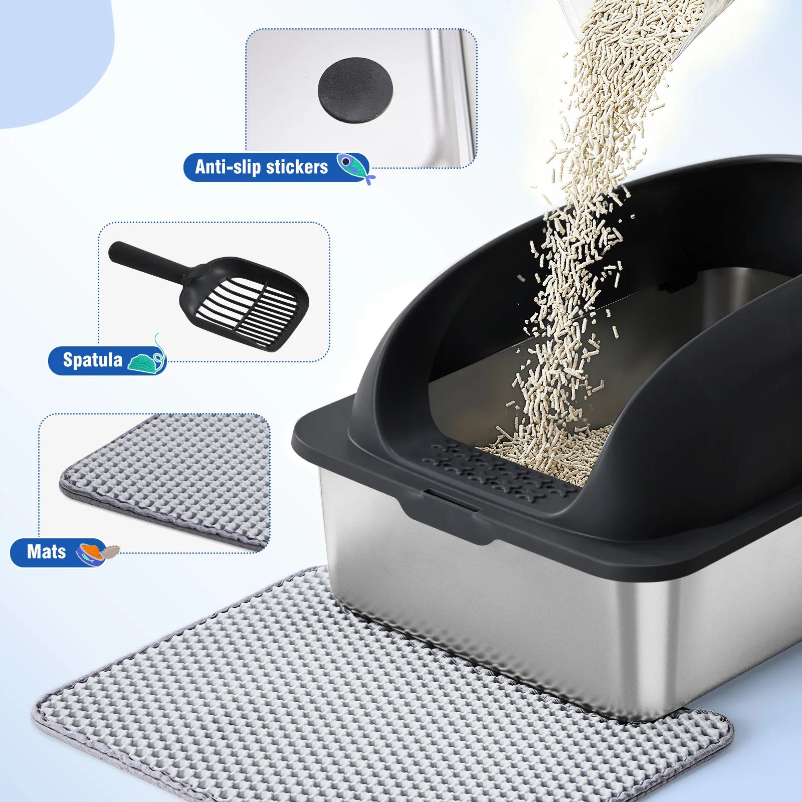 24" Stainless Steel Cat Litter Box with Lid, Scoop & Mat