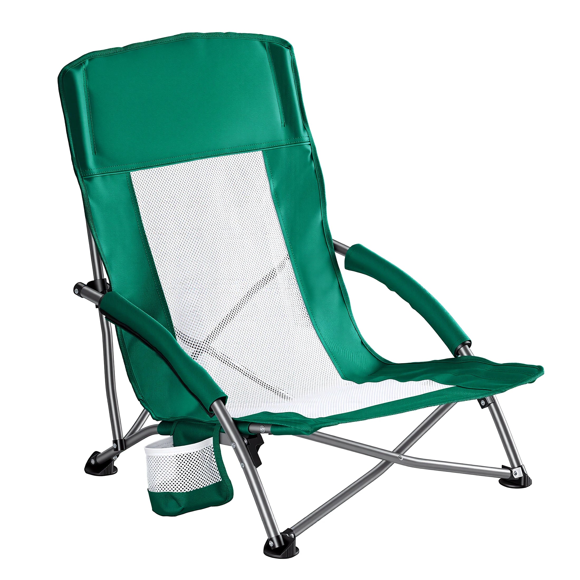 Low Folding Beach Chair with Mesh Back, Cup Holder & Armrests