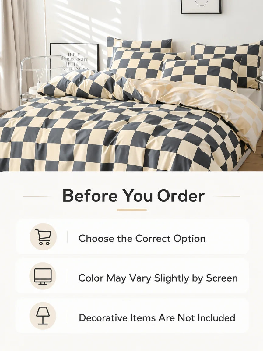 Black and Beige Checkered Duvet Cover 3-Piece Set, Modern Checkered Bedding Set, Soft Bedspread with Pillowcases, Available for Single, Double, King, and Queen Beds