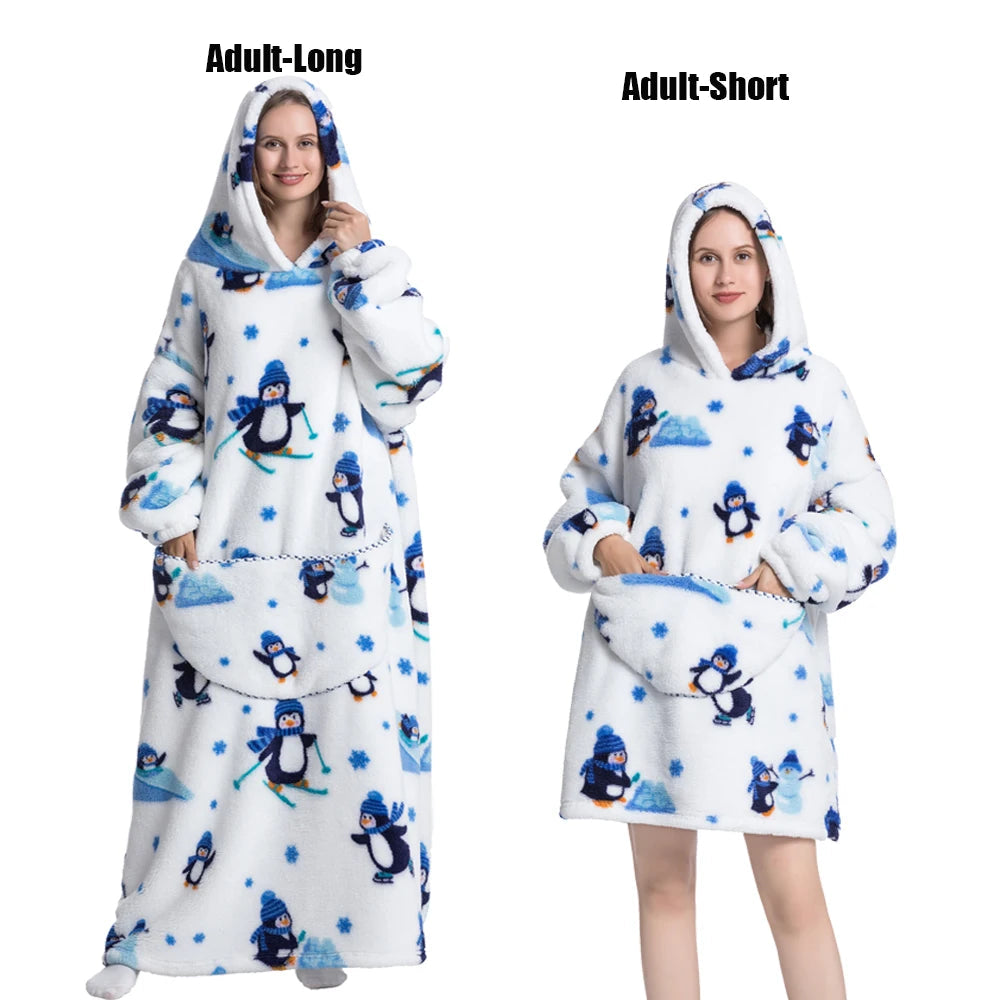 Women Plush Fleece Blanket Men Warm Thick Hoodies Adult Giant TV Blanlets with Sleeves Super Long Cold-proof Homewear Pajamas 