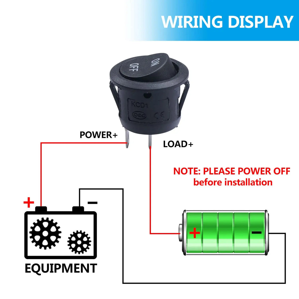 Rund vippebryter med av/på, SPST, 20 mm, miniatyrbryter for 12 V DC, 12 V for bil, campingbil, 2 pinner