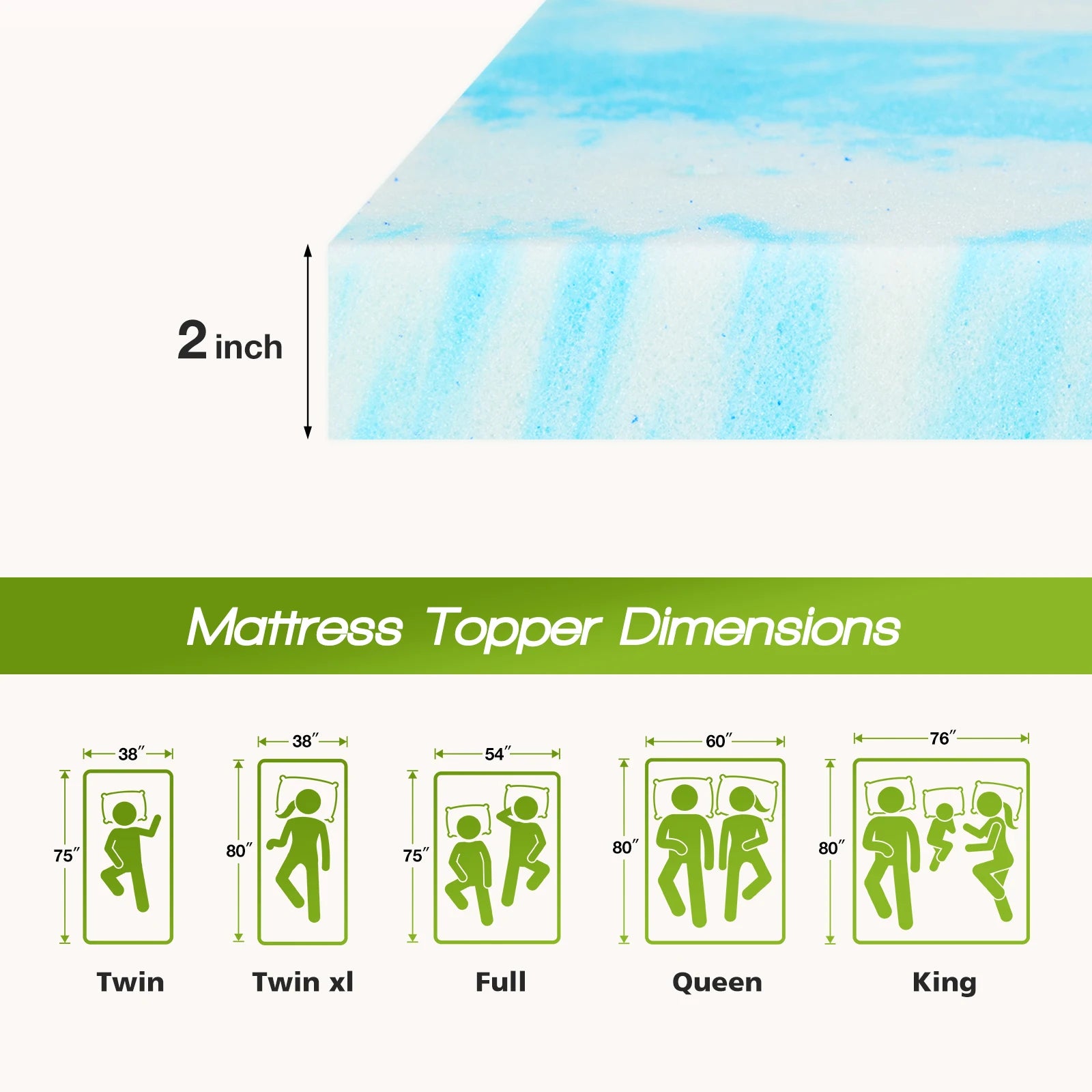 Memory Foam Gel Kølende Madras Topmadras 2-4 Tommer Blød Åndbar Komfort