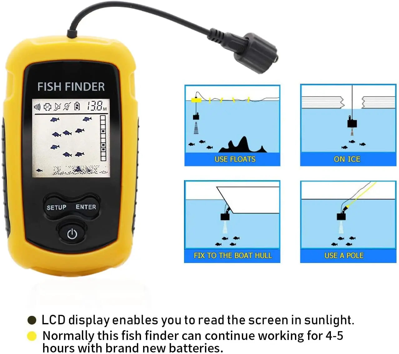 Alarm 100M Portable Sonar Fish Finders 45 degrees Sonar Coverage Echo Sounder Alarm Transducer Lake Sea Fishing 