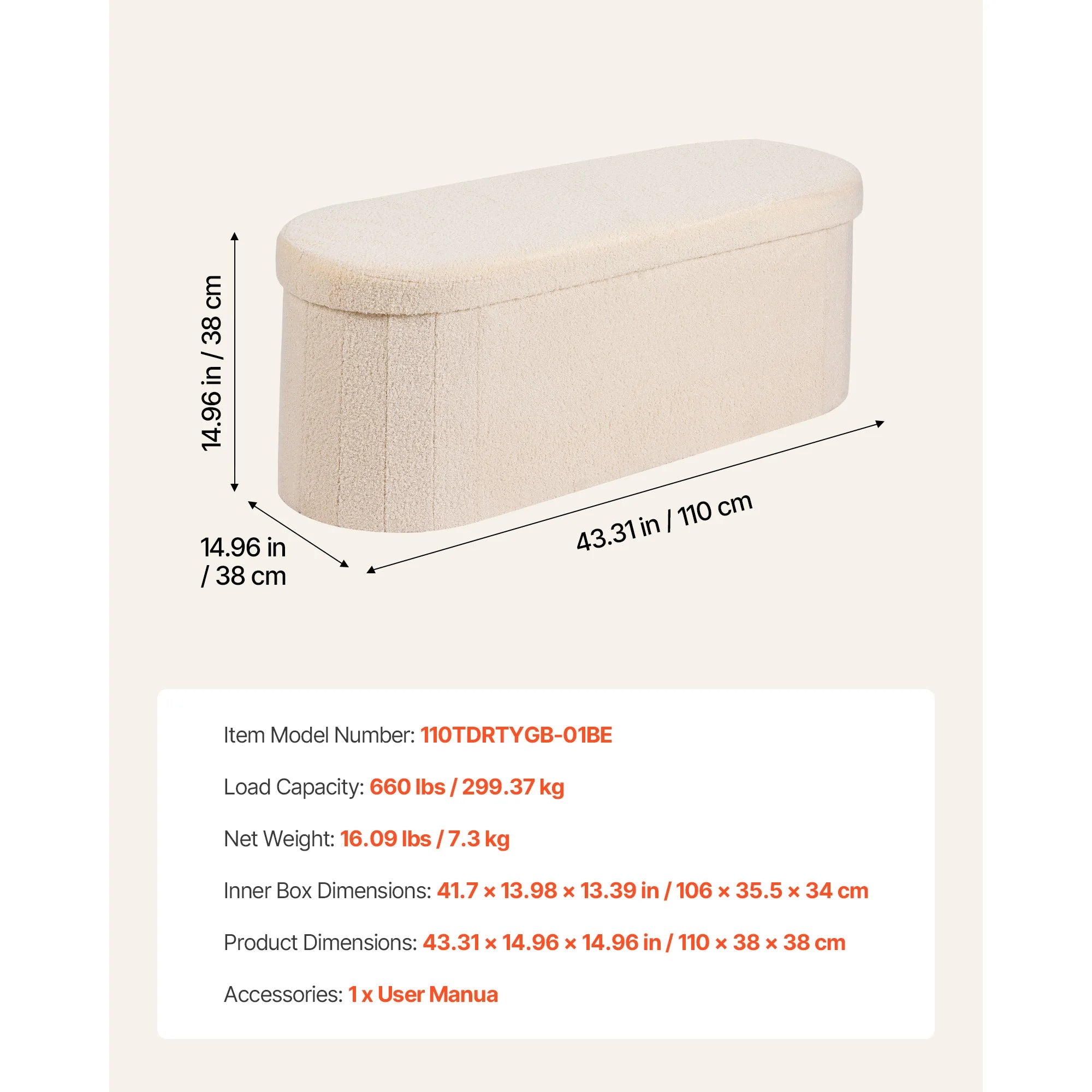 Foldable Storage Ottoman Bench with Hidden Compartments, 660lb Support