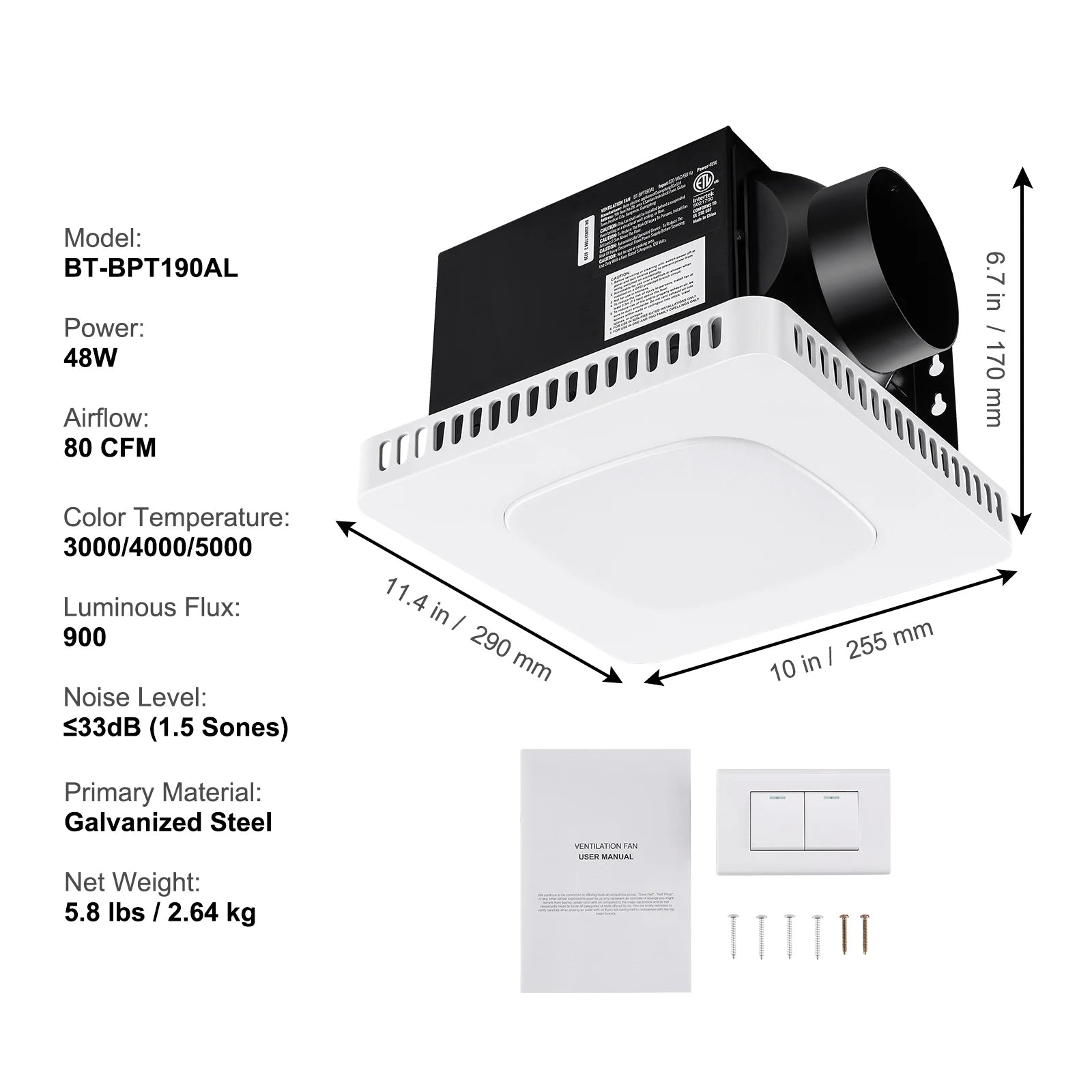 Bathroom Exhaust Fan with LED Light 80/110 CFM Quiet Heating
