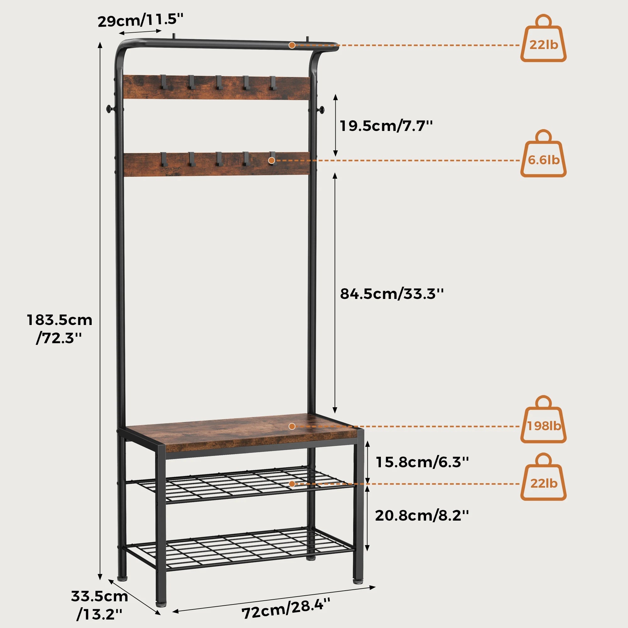 4-in-1 Entryway Coat Rack with Shoe Bench and Storage Hooks