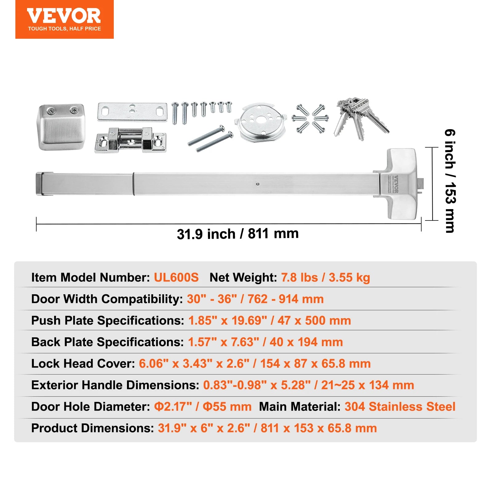 Stainless Steel Push Bar Panic Exit Device with Exterior Lever