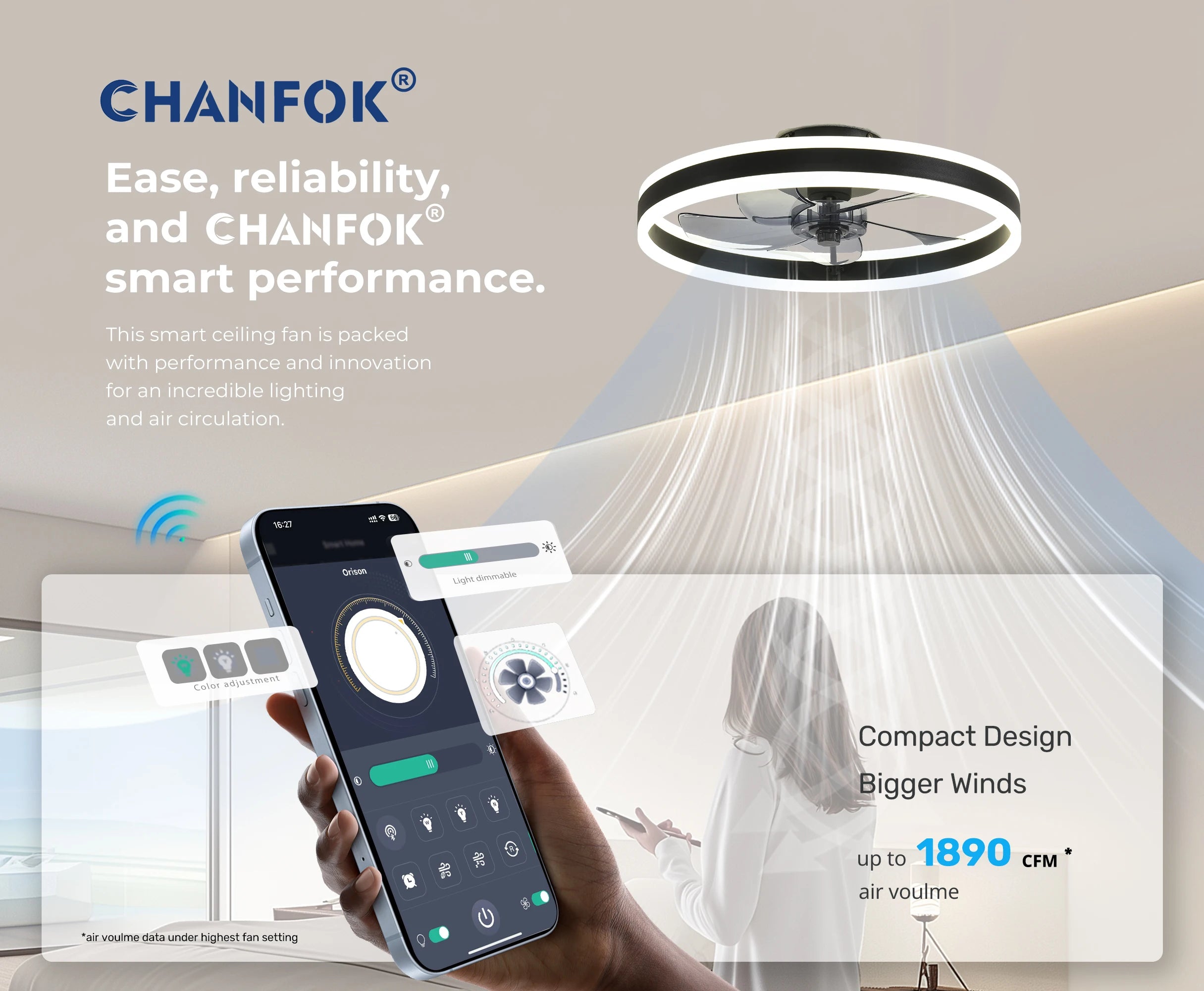 Flush Mount Ceiling Fan with Remote, 19.7" LED Dimmable Light