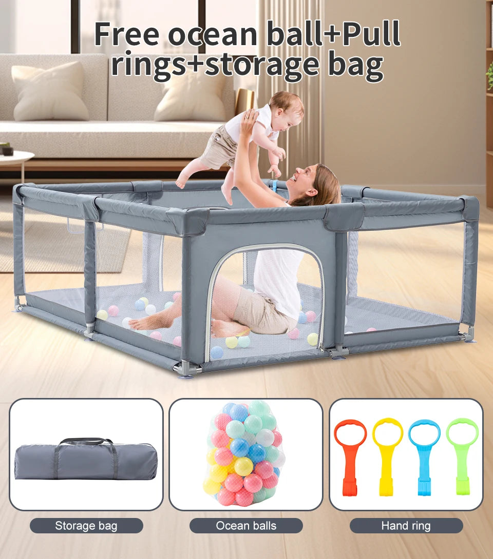 Baby Playpen Child Safety Fence with Pull Rings and Ball Box