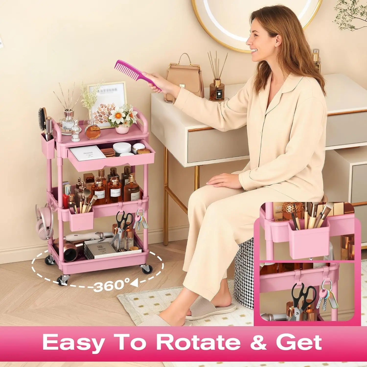 Carrito de maquillaje rodante de 3 niveles con cajón y ruedas con cerradura